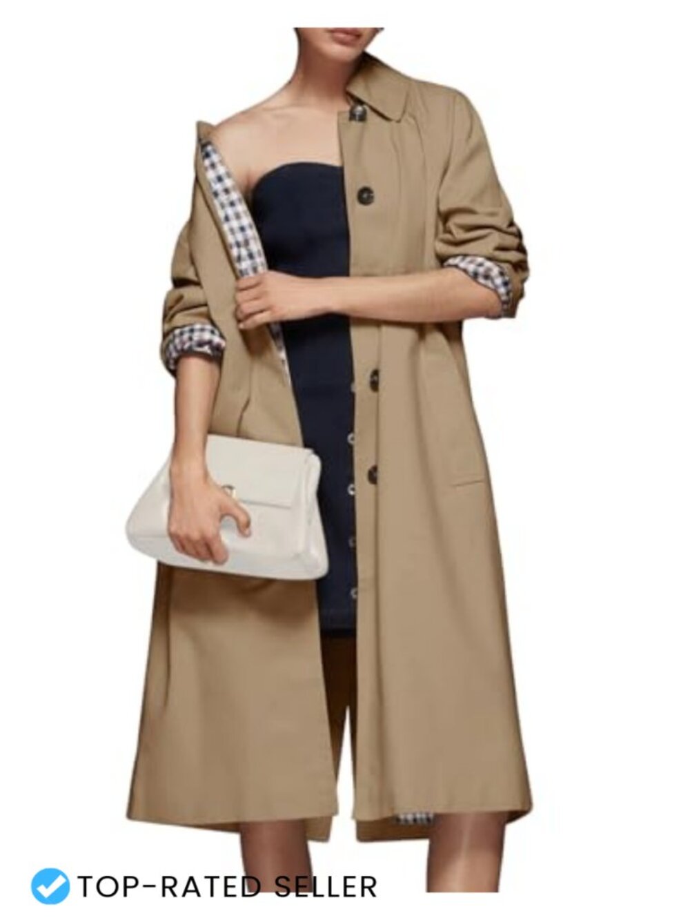 Womens Long Trench Coat Single Breasted Lapel Plaid Lined Oversized Windproof